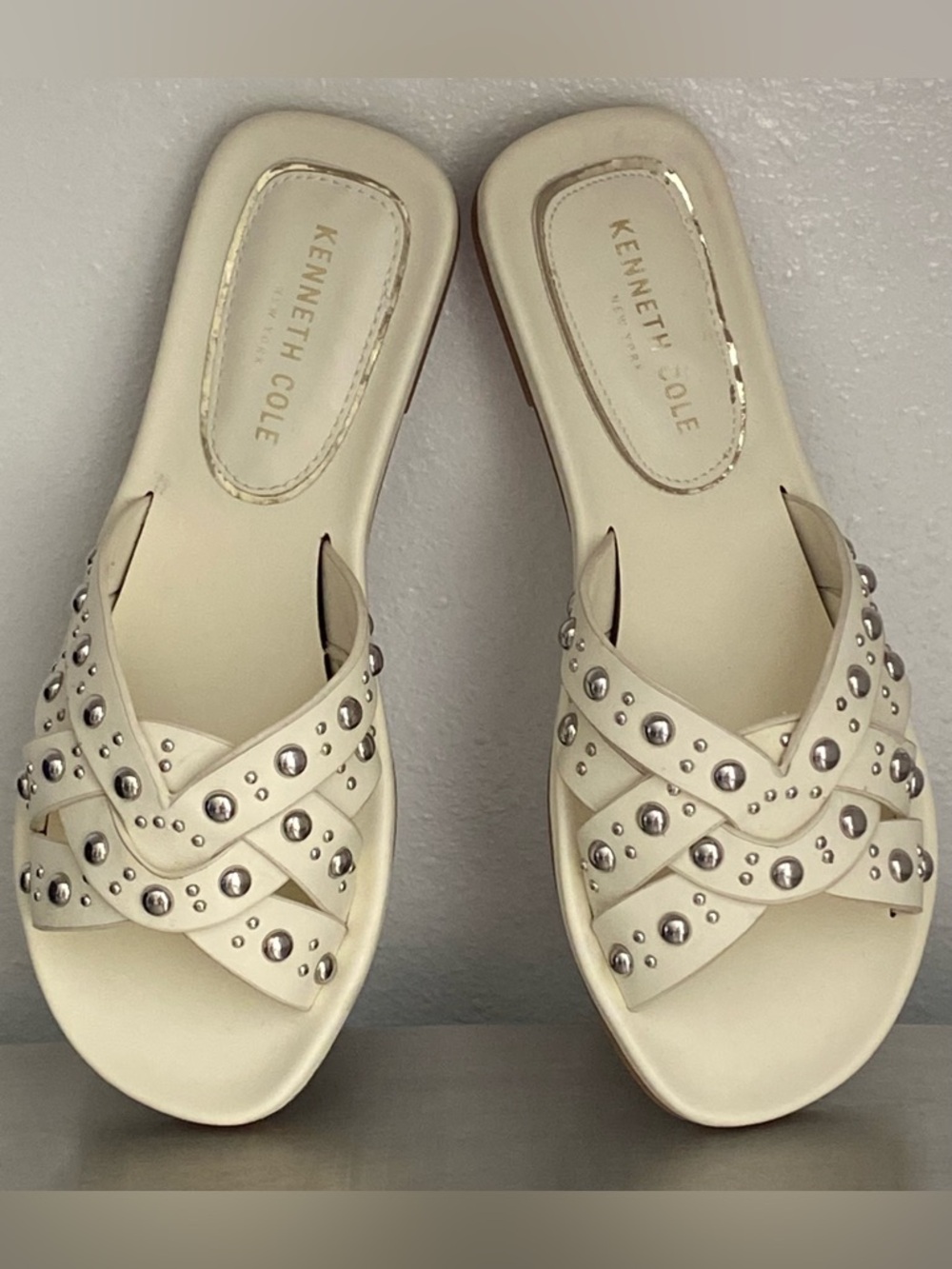 NEW- KENNETH COLE CREAM STUDDED CROSS STRAP MULE SLIDES